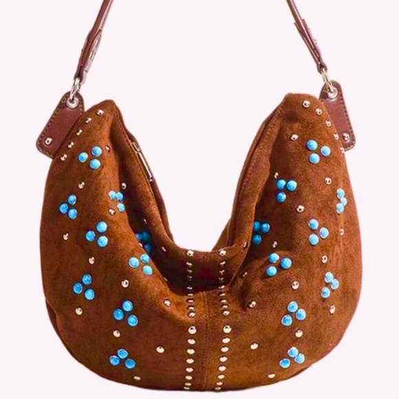 Brown Suede Studded Boho Shoulder Bag - NEW - Picture 1 of 4